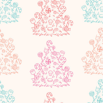 Pastel Christmas Tree Seamless Pattern with Candy Canes, Lollipops, and Sweets Vector