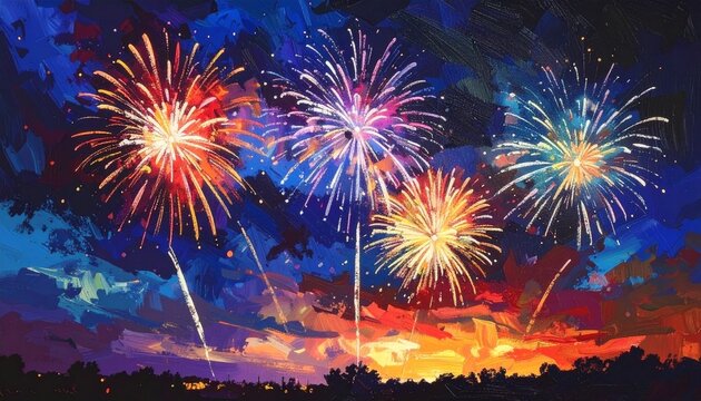 Colorful Fireworks Bursting Over Night Sky Oil Painting Style Dark Background Celebration Concept