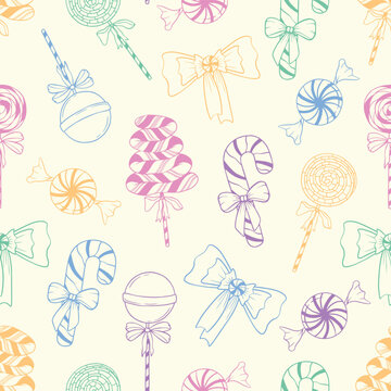 Colorful Sweet Candy Seamless Pattern with Lollipops, Candy Canes, and Bows Vector