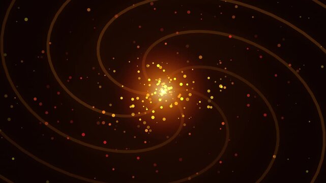 Abstract golden glowing particles in spiral swirl motion over dark background for gala show.