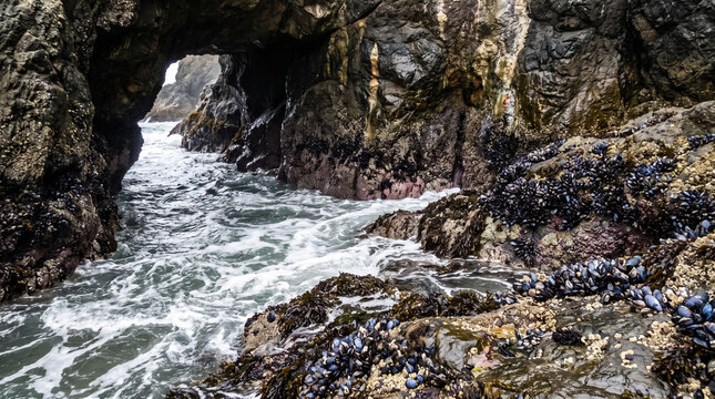 Waves washing through coastal sea cave covered with mussels and barnacles on rocky shore. Concept of mussel cluster, cave entrance, tidal zone, coastal rocks, ocean wave, tide pool, marine biology.