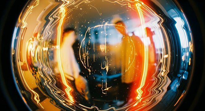 Abstract spherical distortion with blurred human figures and glowing orange light trails creating a futuristic artistic visual background