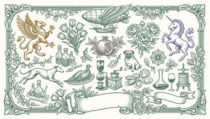 Green engraved vector set with griffin, unicorn, airship, pug, greyhound, flowers, ornate border © bow