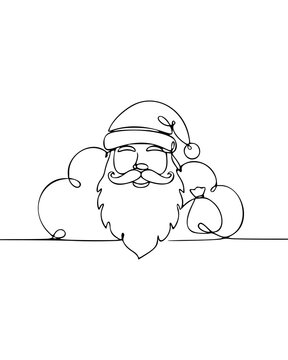Continuous Line Santa Claus Face with Gift Bags and Fluffy Beard