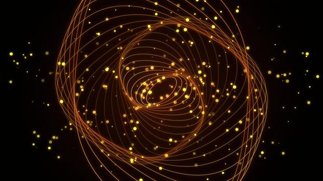 Abstract golden rings spinning in hypnotic motion with floating particles on black background.