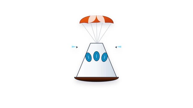Space capsule descending slowly with an orange parachute during atmospheric reentry mission in digital animation footage