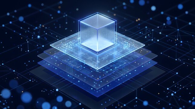Abstract digital cube structure with glowing layers and interconnected data nodes on a dark blue background representing technology and data flow.