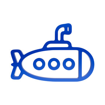 Blue 3D submarine icon with periscope and portholes for underwater exploration on dark background ship isolated on a transparent background