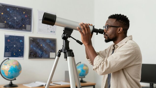 Young African American Man Using a Large Silver Telescope to Observe Stars and Planets in a Modern Home Office or Study with Celestial Maps and Globes on the Wall