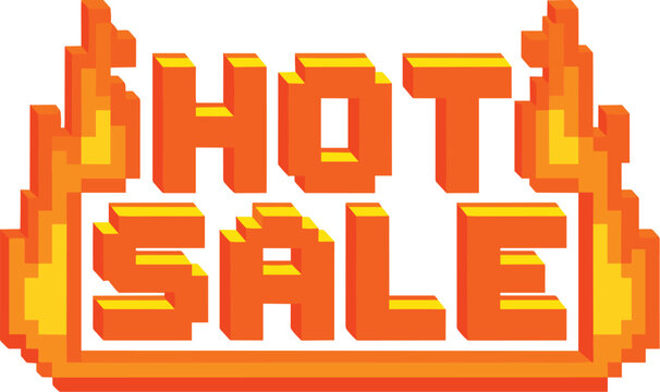 Retro orange and yellow pixel art hot sale sign with flames and bold lettering for ecommerce promotion vector graphic