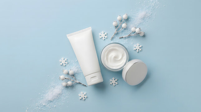 Winter season skin care concept. Top view photo of cosmetic jar white tube without label snowflakes snow and plant in hoarfrost on isolated light blue background with copy space.