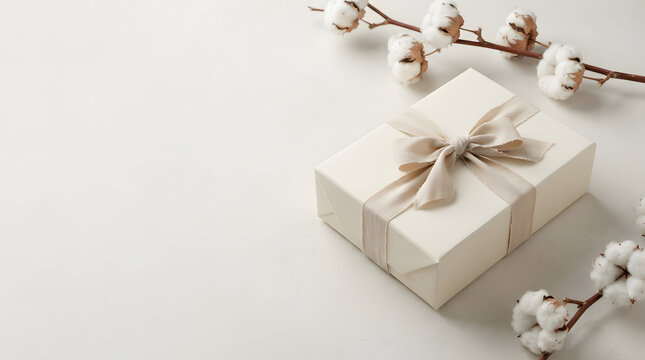 Minimalist White Gift Box with Beige Ribbon Bow and Dried Cotton Flowers on Cream Background with Copy Space for Holiday.