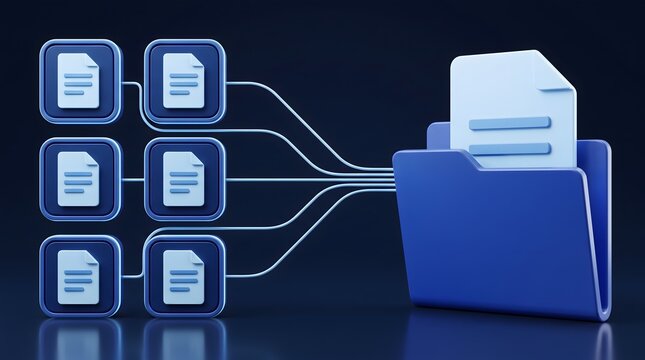Digital data organization and management concept with multiple document icons flowing into a central folder symbolizing information consolidation and workflow automation.