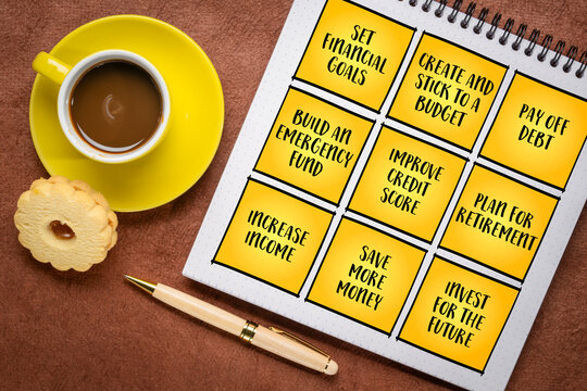 New Year resolutions for finance and wealth - set of inspirational notes with tips and guidelines.
