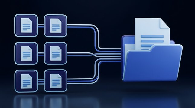Digital data flow from multiple documents into a single folder icon representing data organization and information management