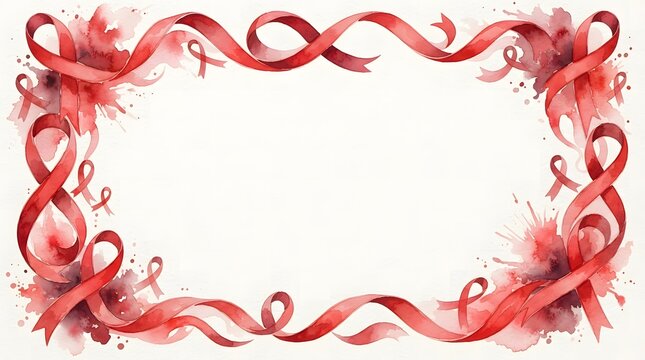 Watercolor red ribbon border frame with copy space for World AIDS Day, HIV awareness, heart disease and Red Ribbon Week background banner.
