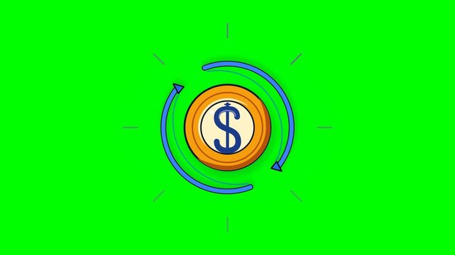 Flat vector animation of a gold coin with dollar sign surrounded by rotating circular arrows. Perfect for cash flow, investment, passive income, business cycle, revenue, and financial growth concepts.