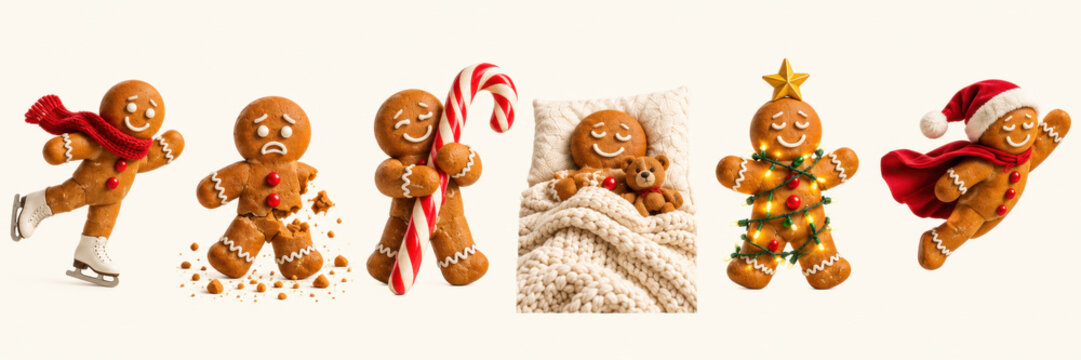 Horizontal banner of gingerbread man characters in funny Christmas poses. This festive collection features a cute biscuit mascot skating, sleeping, and flying