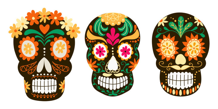 Colorful decorated sugar skulls with floral patterns, hearts, leaves, and detailed teeth arranged as festive folk art illustrations on white background