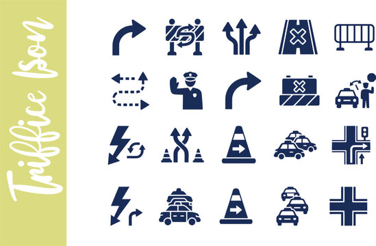 Set of blue traffic icons featuring road signs and transportation symbols
