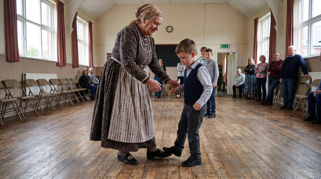 Senior woman teaching young boy traditional folk dance steps in community hall. Concept of dancing lesson, learning to dance, grandmother.