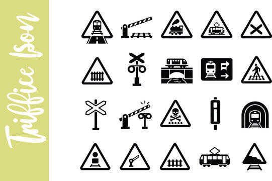 Set of black railway and train traffic sign icons on white background