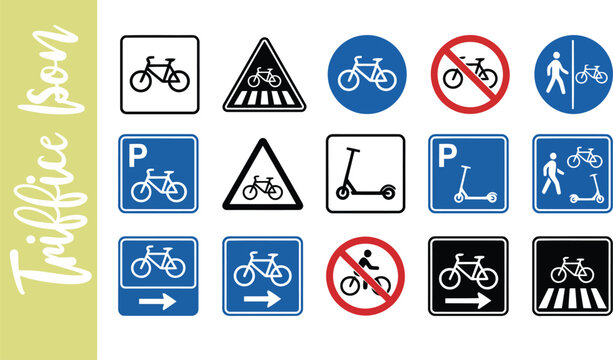 Set of bicycle and scooter traffic signs for urban road safety navigation