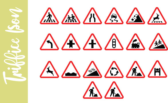 Set of triangular traffic signs and road safety warning icons