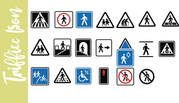 Set of pedestrian traffic signs and walking safety icons on white background