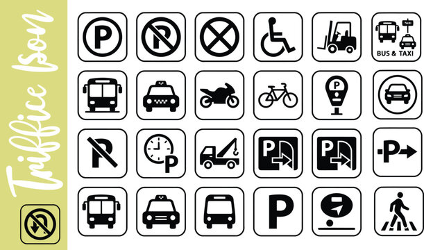Set of black and white traffic and parking road sign icons on white background