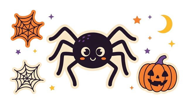 Cute cartoon halloween spider with spider webs and jack o lantern pumpkin surrounded by stars