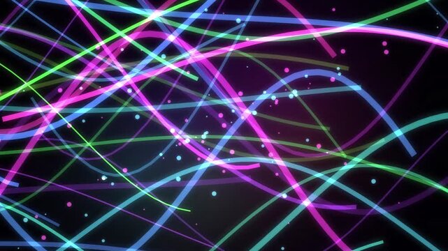 Abstract background with neon ribbons and glowing particles moving dynamically on dark screen.