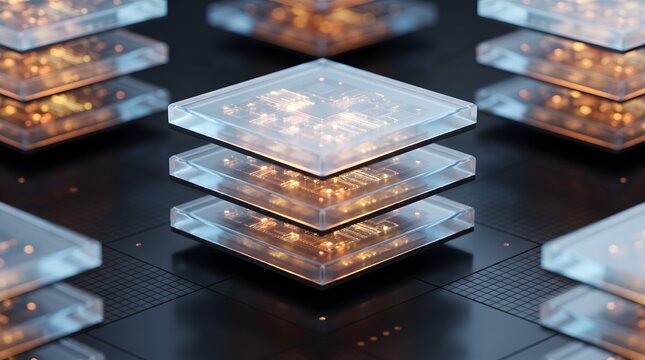 Abstract digital layers of glowing circuit board patterns and data streams representing advanced technology computing and information processing.