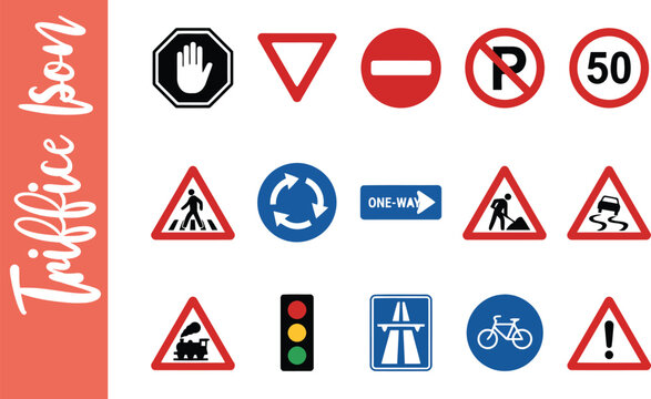 Set of various traffic signs and road safety symbols on white background