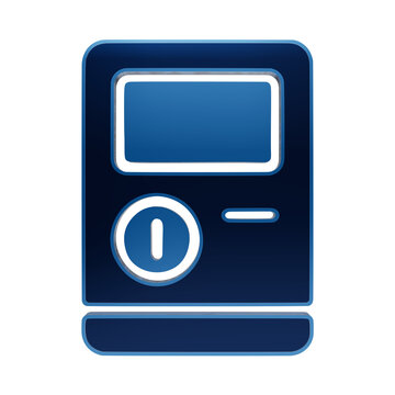 Blue outline icon of a parking meter or ticket machine with coin slot and display screen for urban parking isolated on a transparent background