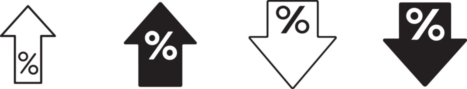Percentage icon set with rising and falling arrows for financial growth, profit, loss and business analysis.
