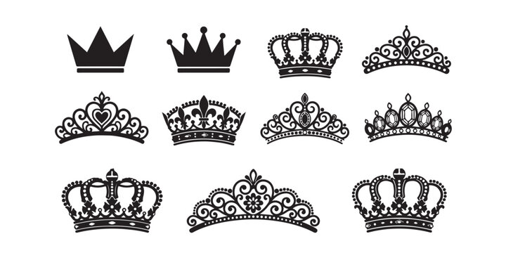 Set of black royal crowns and elegant princess tiaras for fashion design and luxury branding