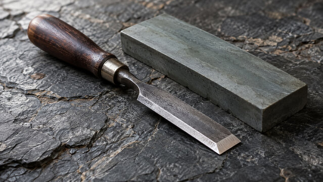 Forged steel chisel with dark hardwood handle and sharpening whetstone on dark stone background. Concept of wood chisel, hand tool, woodworking.