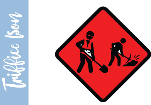 Road work sign with construction workers digging on a red diamond background
