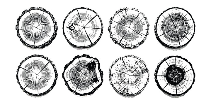 Set of eight hand drawn tree log cross sections with circular growth rings in sketch style