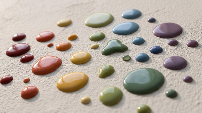 Glossy Enamel Drops of Colorful Paint Spread on Textured White Surface. Concept of enamel droplets, paint palette, color swatches, liquid drop, paint samples, color chart.