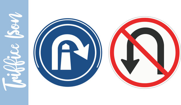 U-turn mandatory and prohibited traffic signs isolated on white background