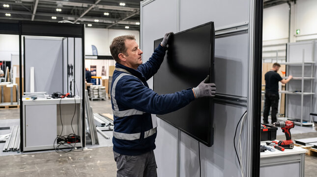 Male technician installing large flat screen monitor on trade show exhibition booth wall. Concept of installer, mounting tv, tv installation, screen mounting, audio visual, event setup.