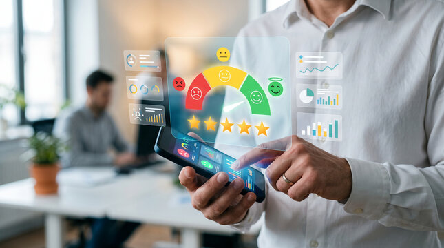 Close-up of smartphone user reviewing a colorful digital customer feedback interface, satisfaction rating, customer survey, online reputation, service performance, client experience, digital review sy