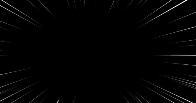White anime speed lines radiating on a black background. Fast comic book action motion graphics for dynamic overlays and transitions