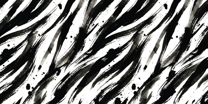 Black and white zebra stripe pattern with hand painted watercolor brush strokes texture