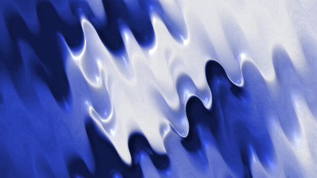 Abstract blue white liquid metallic wave background. Glossy icy fluid distortion motion graphic. Futuristic chrome satin wave stream.