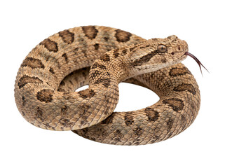 Obraz premium Coiled rattlesnake with forked tongue isolated on transparent background