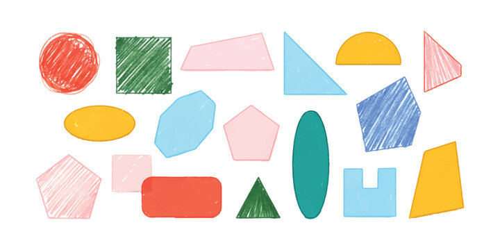 Set of colorful hand drawn geometric shapes with scribble textures and doodle style