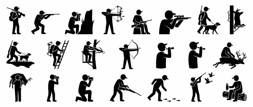 People performing outdoor activities icons. Human figures engaging in leisure and work tasks. Hunting, fishing, gardening, construction, painting, reading, cooking, cleaning, walking, sitting,.